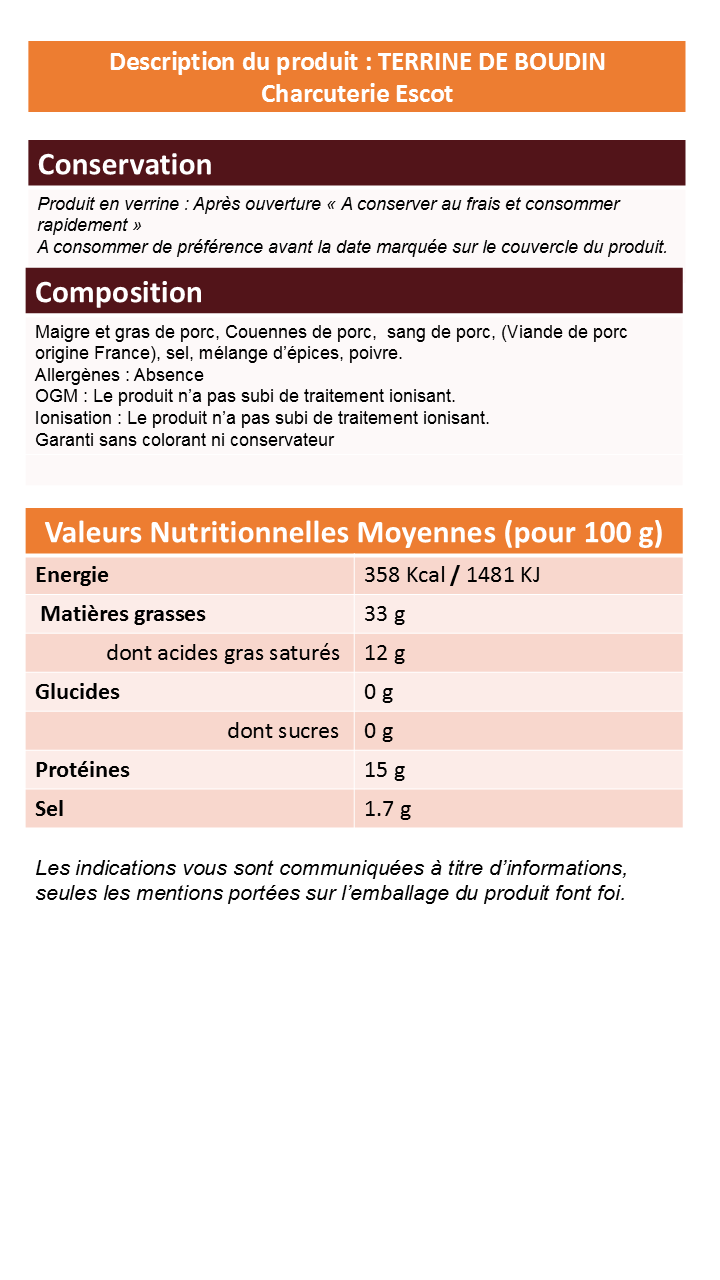 Fiche produit TERRINE DE BOUDIN ESCOT