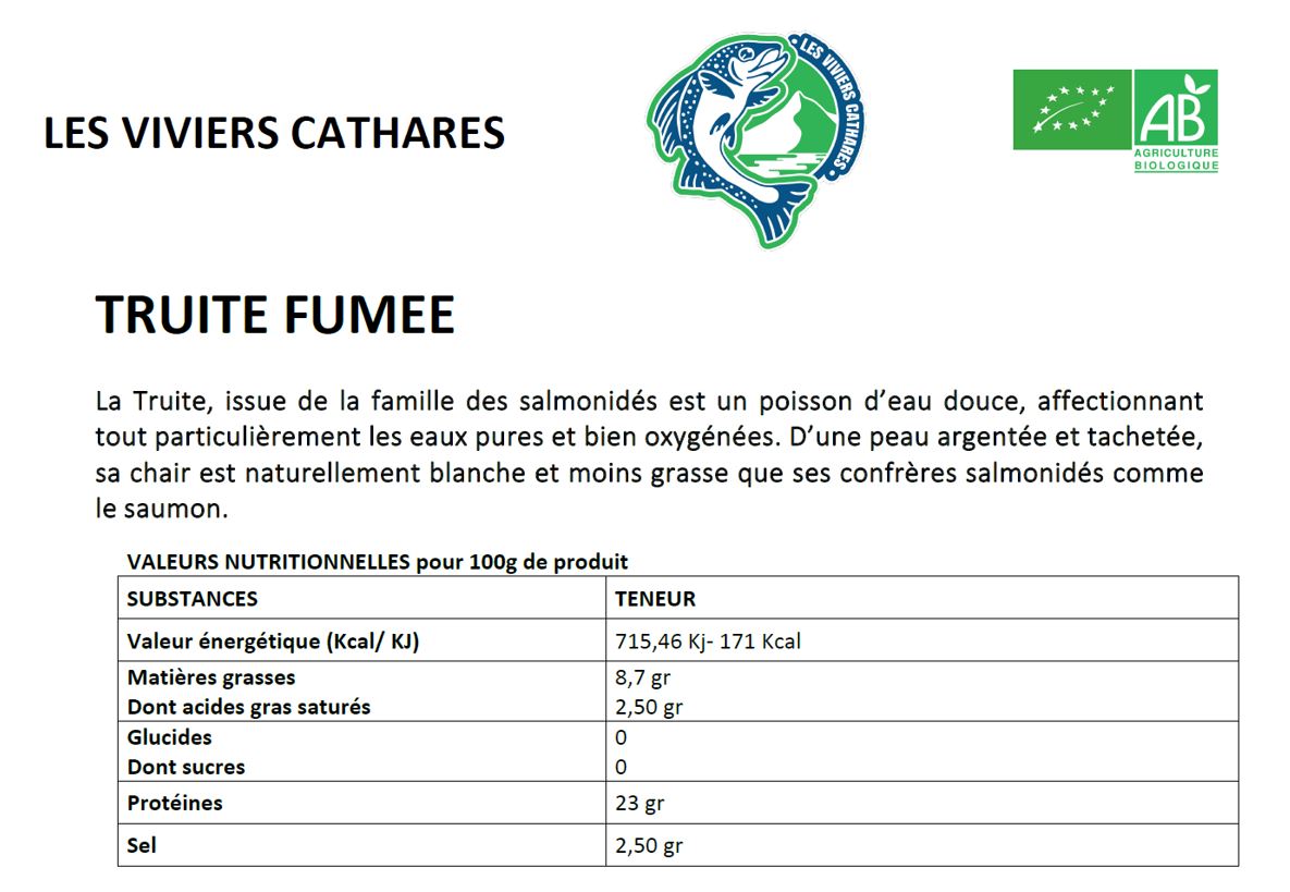 Fiche produit TRUITE FUMEE Viviers Cathares