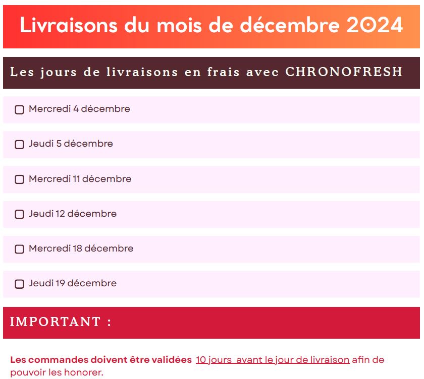 Jours de livraisons décembre 2024