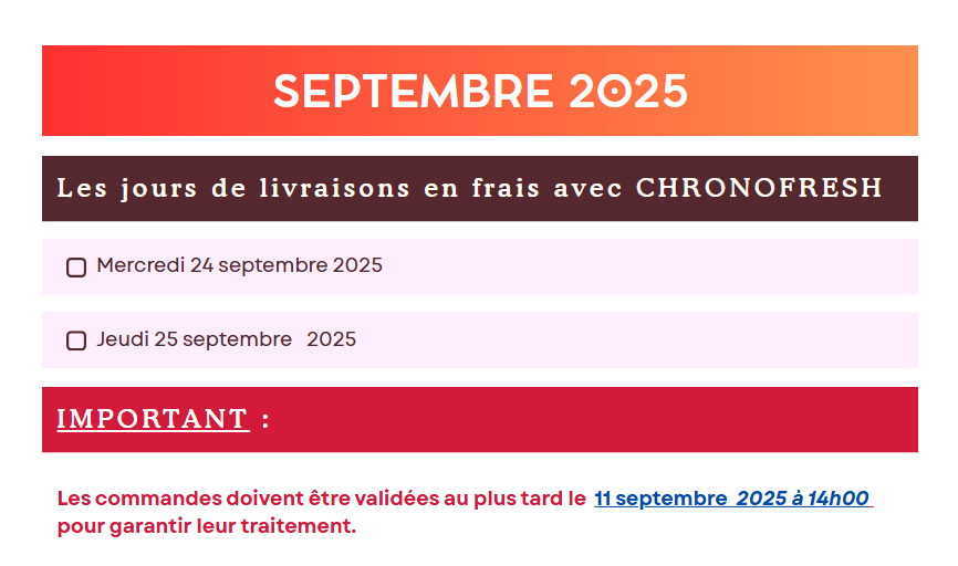 Jours livraisons sept 2025